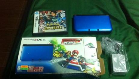 Nintendo 3DS XL Blue 2 Games Pokemon Conquest Mario Kart photo